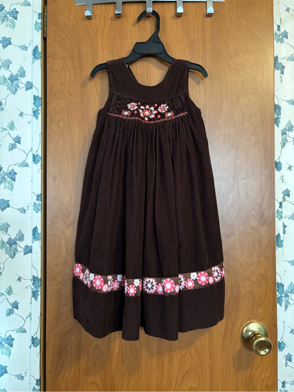 Girls Brown Corduroy Dress with Pink Floral Trim